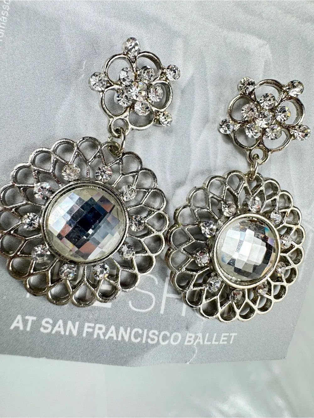 Silver Crystal Filigree Drop Earrings